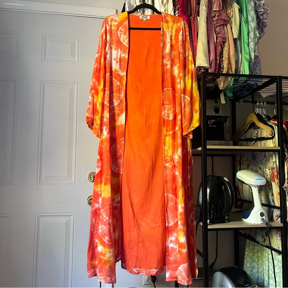 ALL THINGS MOCHI orange tie dye buttonless long line‎ cardigan coverup jacket
